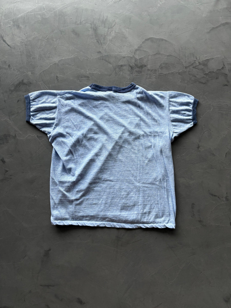 Graphic Ringer "So Happy I Could Shit" Blue T-Shirt, back view
