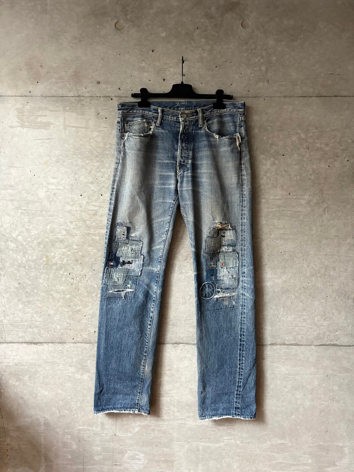 Distressed Patched Denim Pants