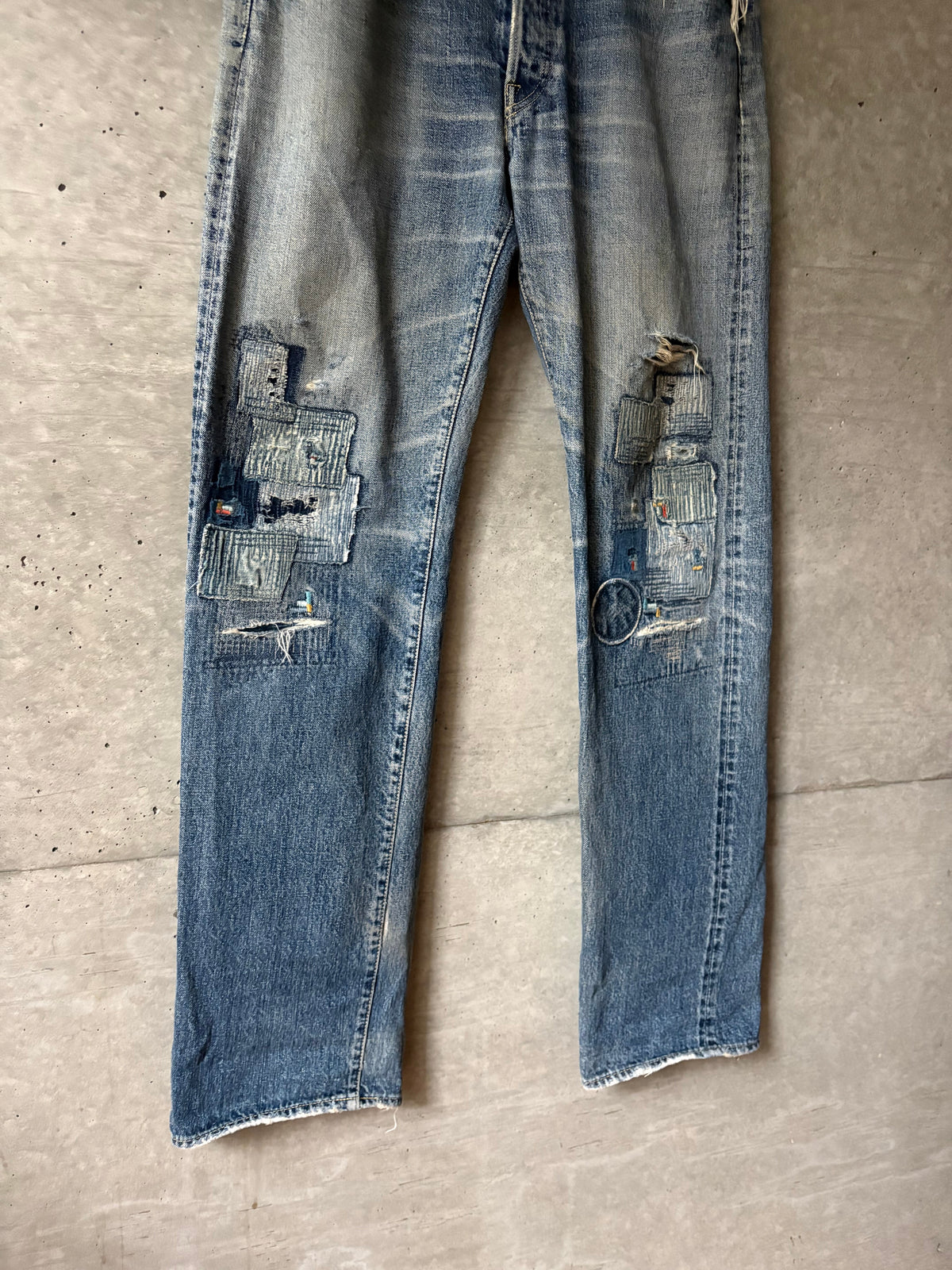 Distressed Patched Denim Pants