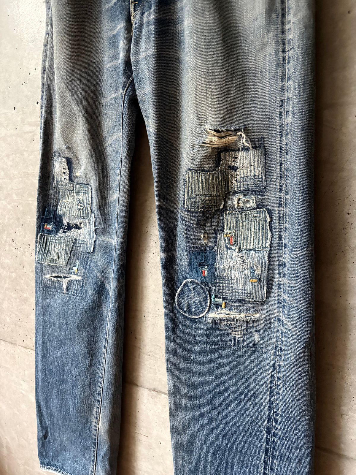 Distressed Patched Denim Pants