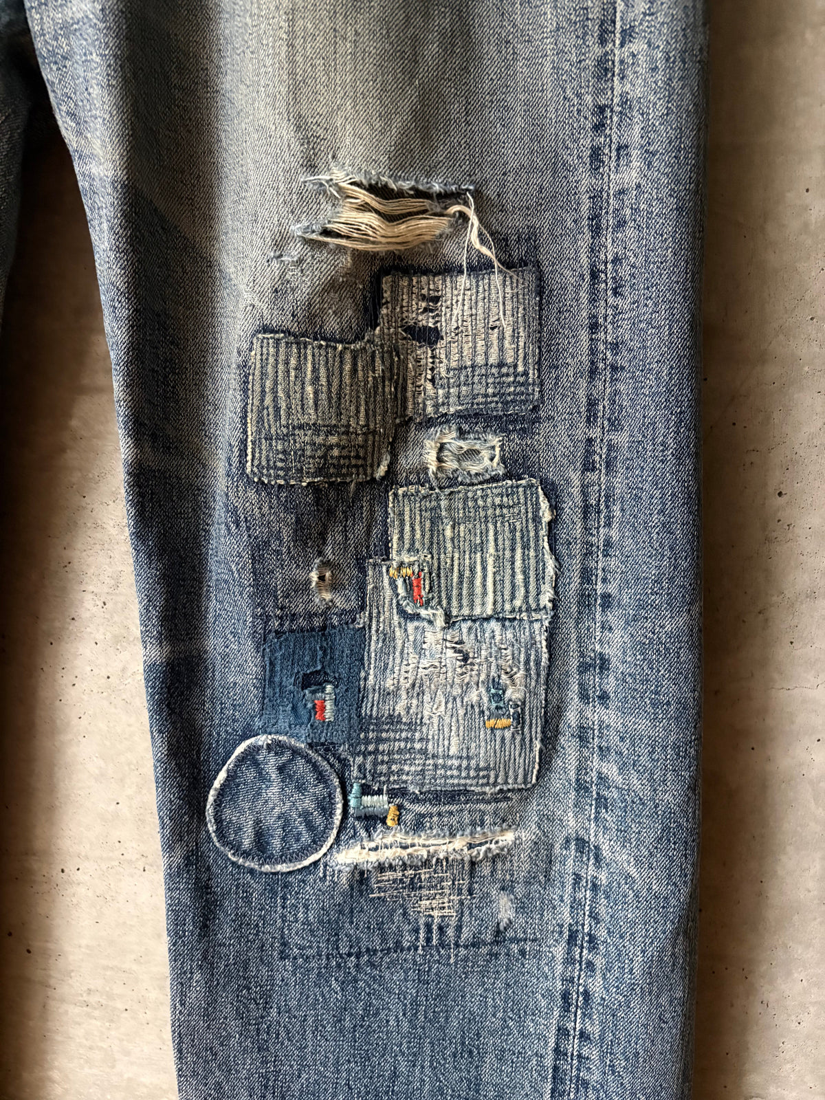 Distressed Patched Denim Pants